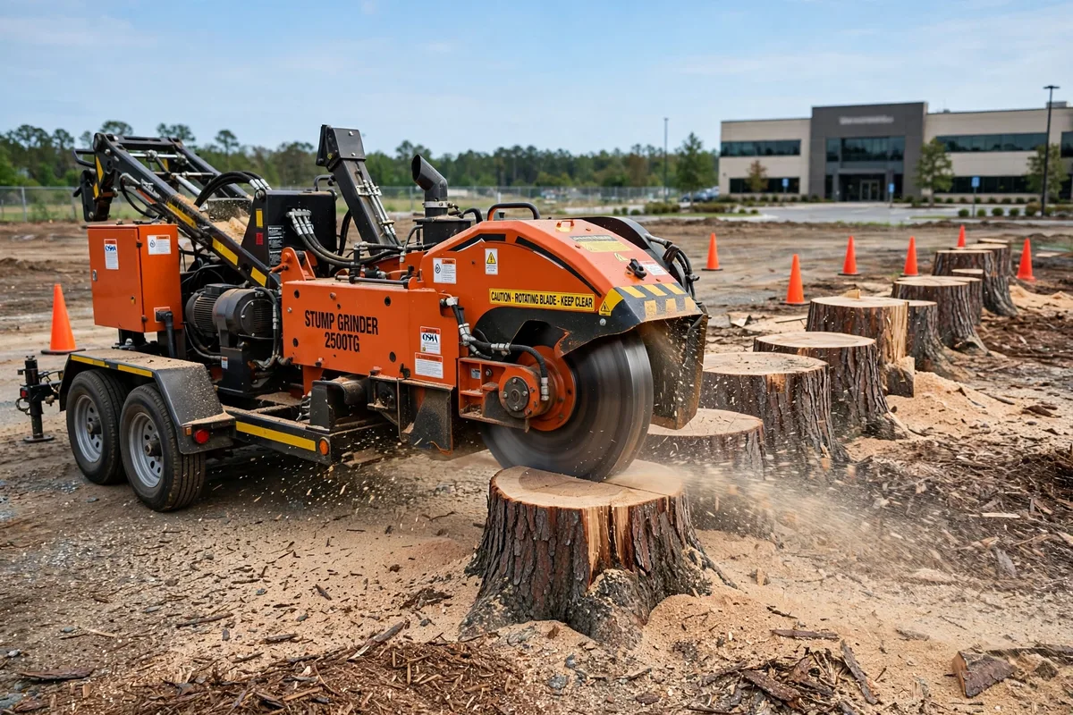Large grinder clearing pine stumps on a coastal plain lot