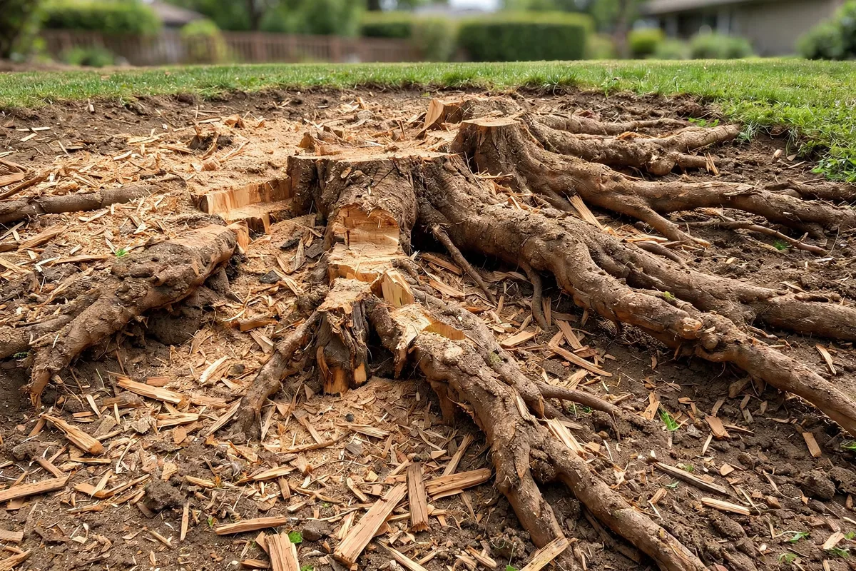 Exposed hardwood root system after stump grinding in mountain soil