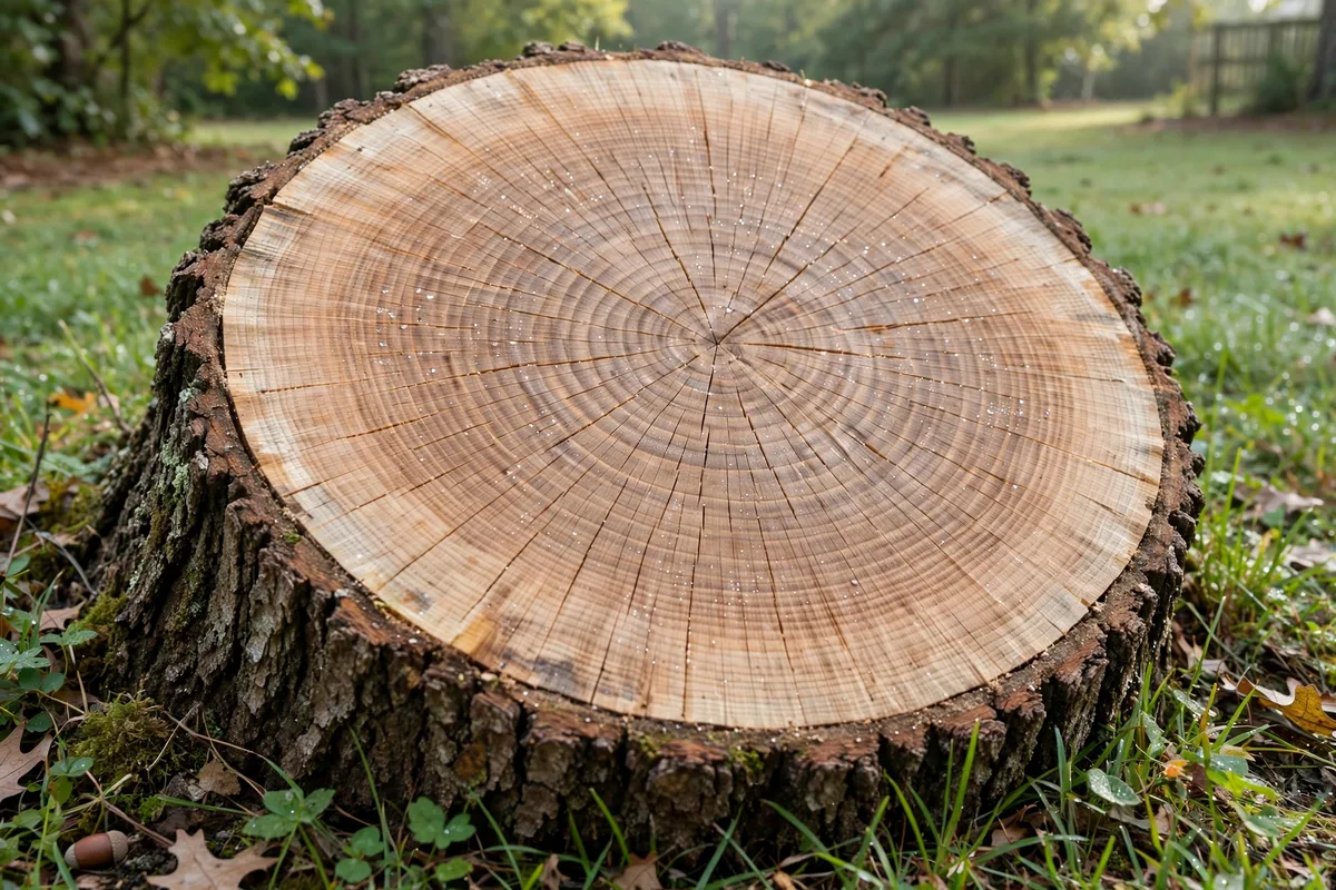 Fresh-cut stump with visible growth rings before grinding